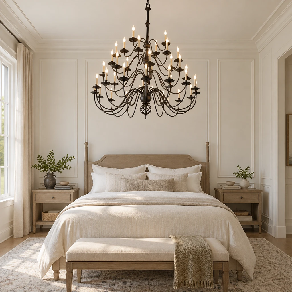 Lustre dans une chambre sans lampes de chevet