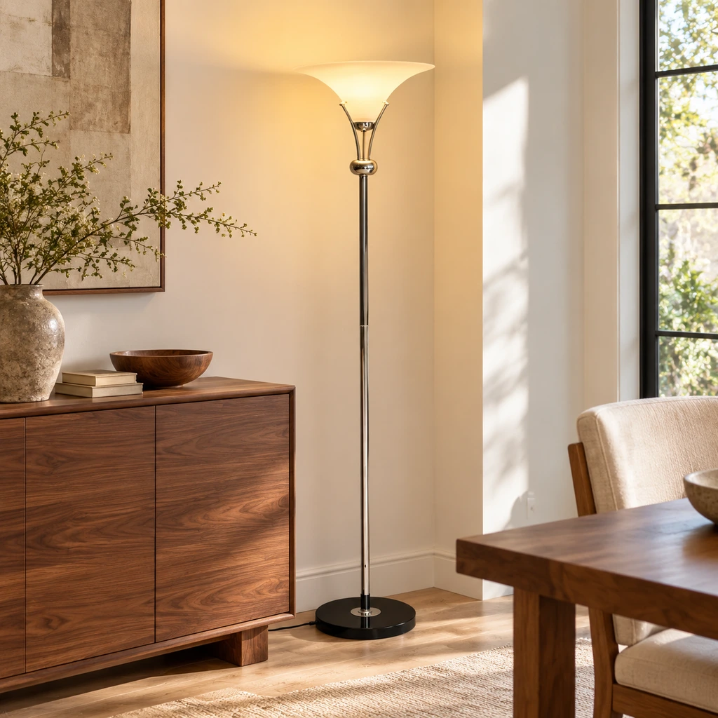 Lampadaire à éclairage indirect placé à côté d'un meuble en bois et de la salle à manger