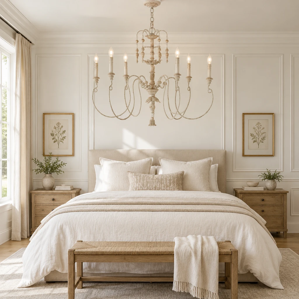 Lustre en bois sculpté dans une chambre lambrissée blanche sans lampes de chevet