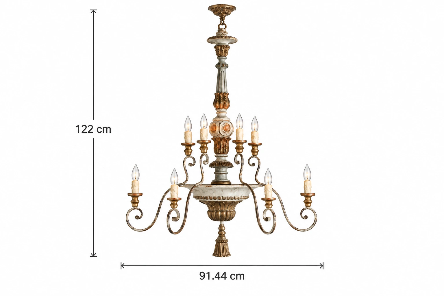Dimensiones de la lámpara de araña Aveline: 91,44 cm de ancho y 122 cm de alto.