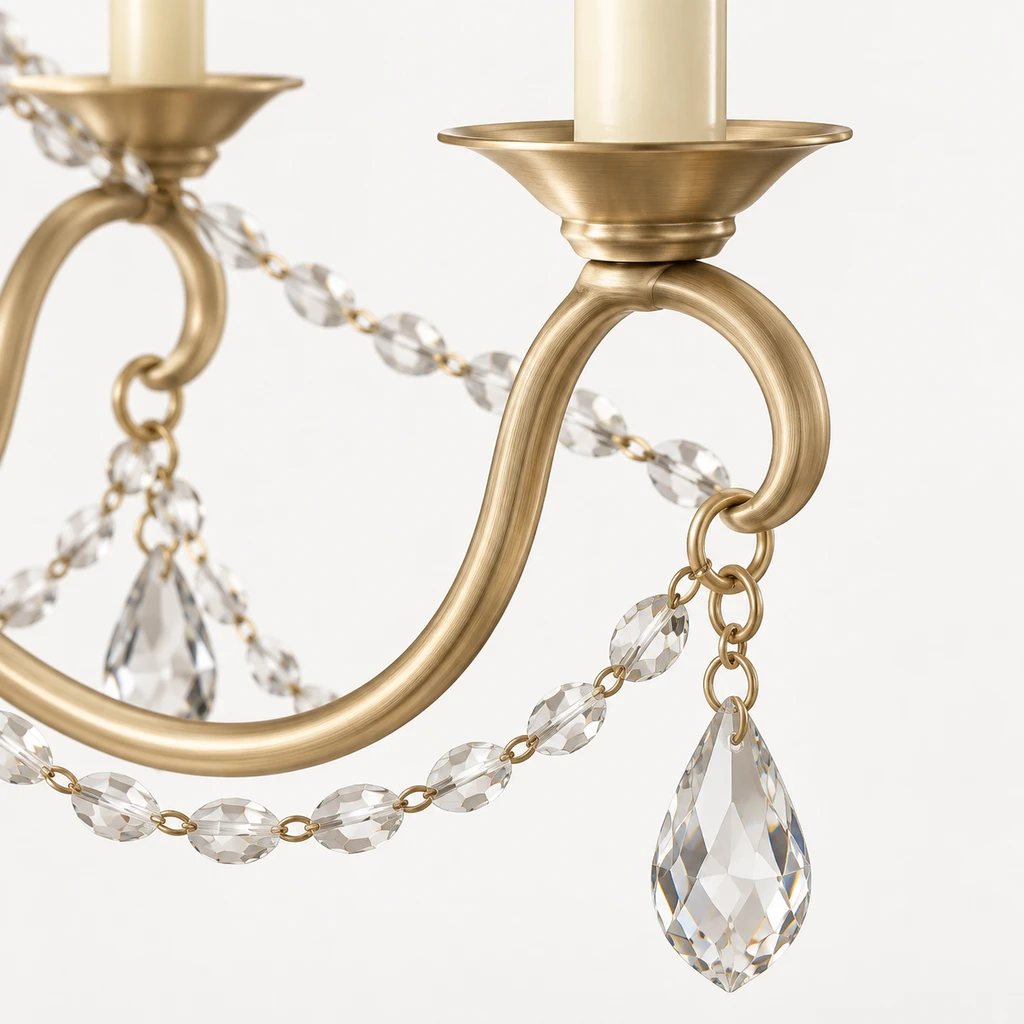 Gros plan sur le bras couleur or champagne et la goutte en cristal transparent