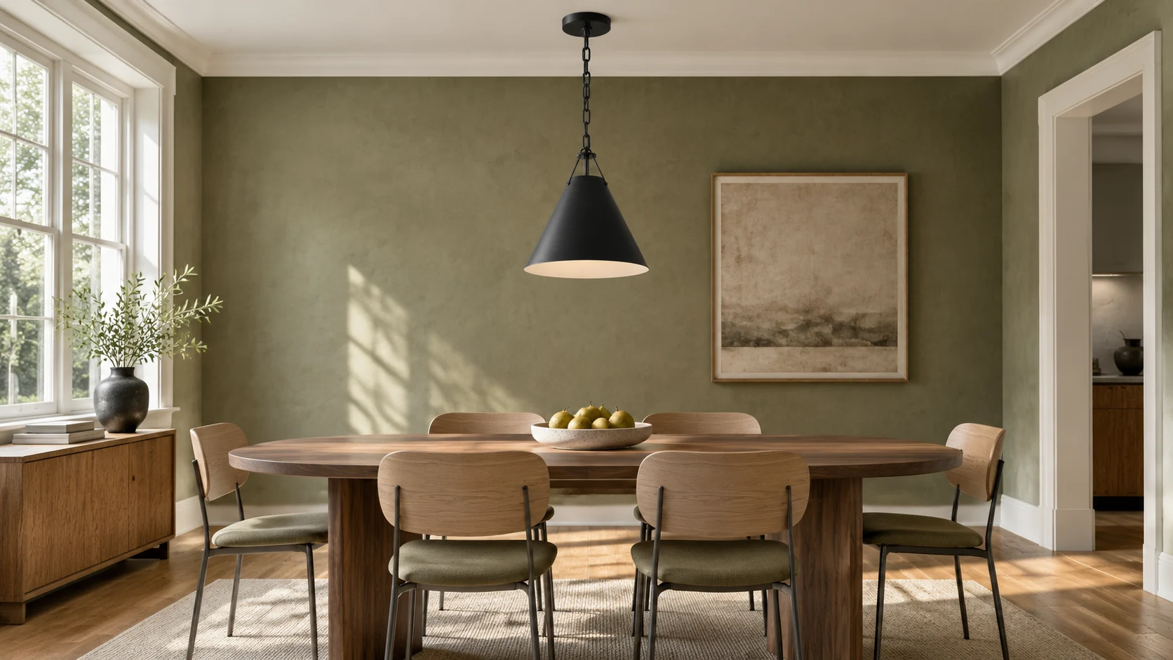 Lámpara colgante de cono de hierro Elodie sobre una mesa de comedor residencial.