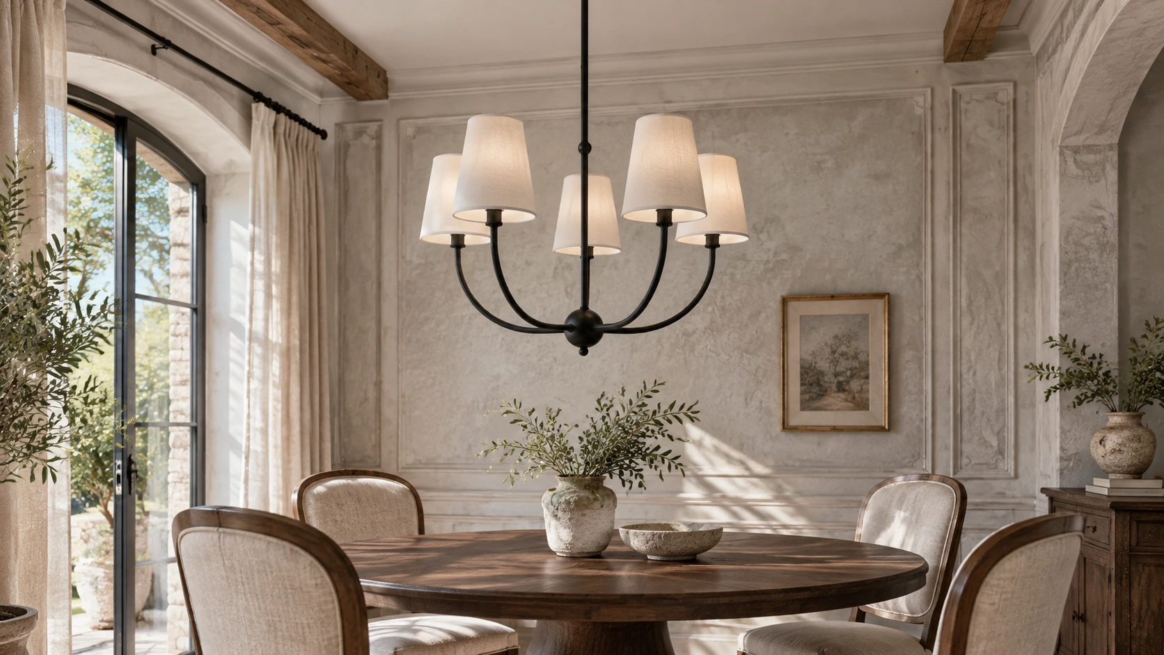 Lustre vintage en branches noires avec abat-jour en tissu au-dessus d'une table à manger dans un intérieur lumineux