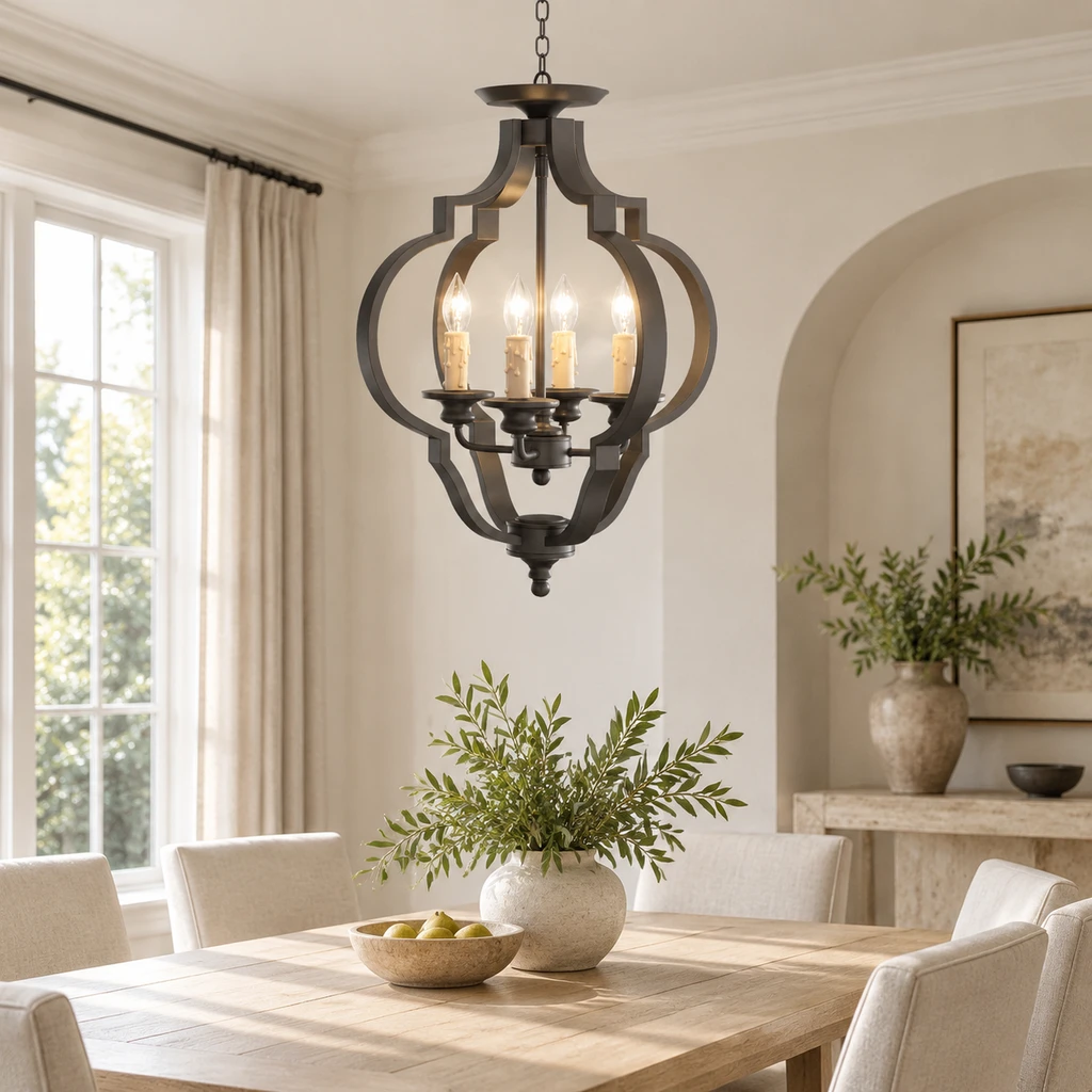 Lustre en fer forgé géométrique Ridgeway au-dessus d'une table à manger