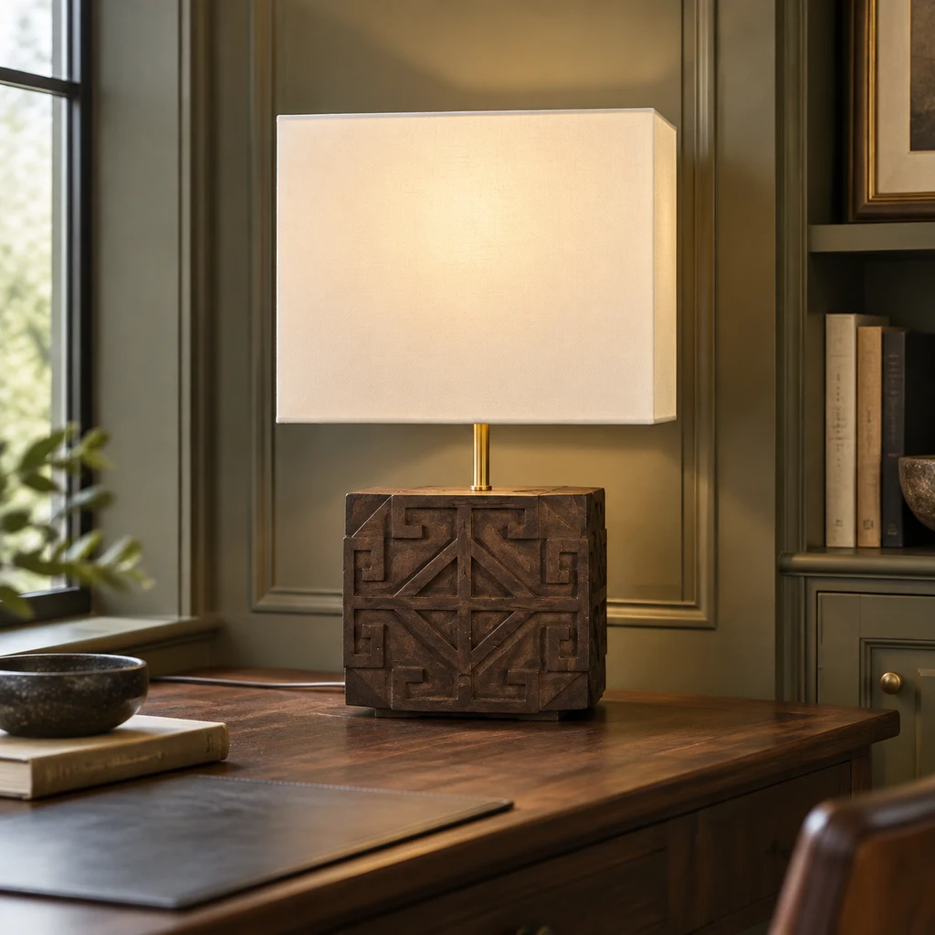 Lampe de table Aurelia en bois sculpté sur un bureau en noyer dans un bureau aux tons oliviers