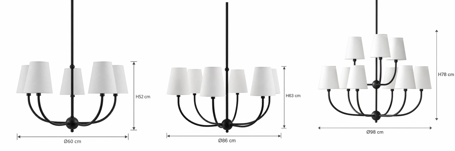 Dimensions disponibles pour les lustres à branches : 5 lumières (60 x 52 cm), 6 lumières (86 x 63 cm), 9 lumières (98 x 78 cm).