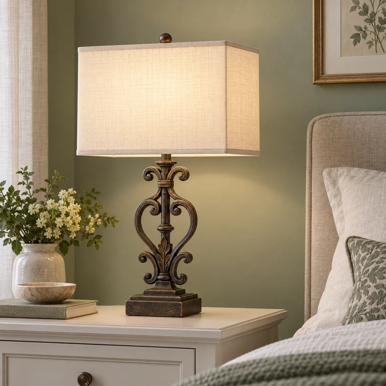 Lampe de table ornée Rothbury dans un coin lecture d'une chambre aux tons sauge crayeux