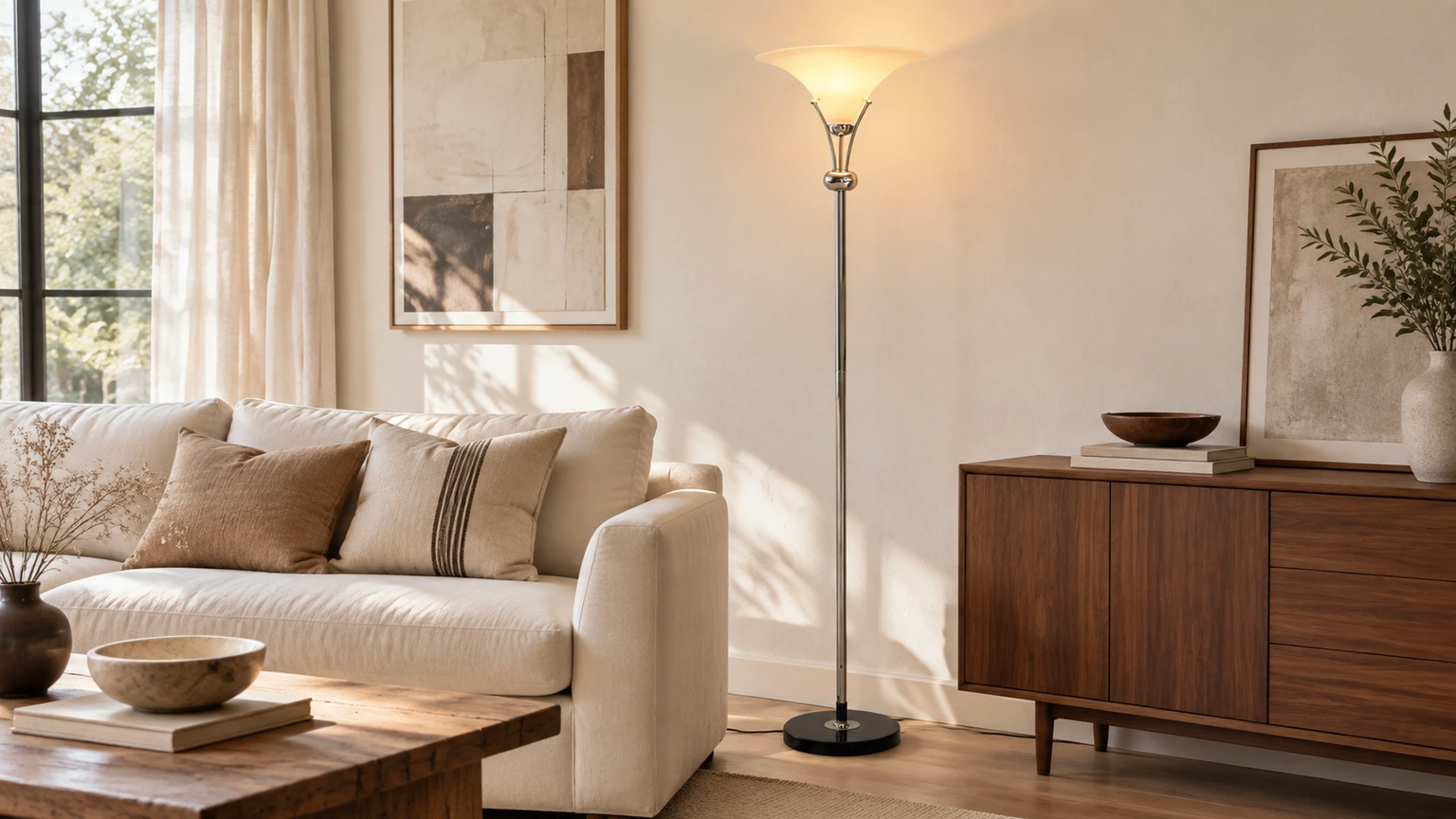 Lampadaire à éclairage indirect à côté des sièges dans un salon lumineux