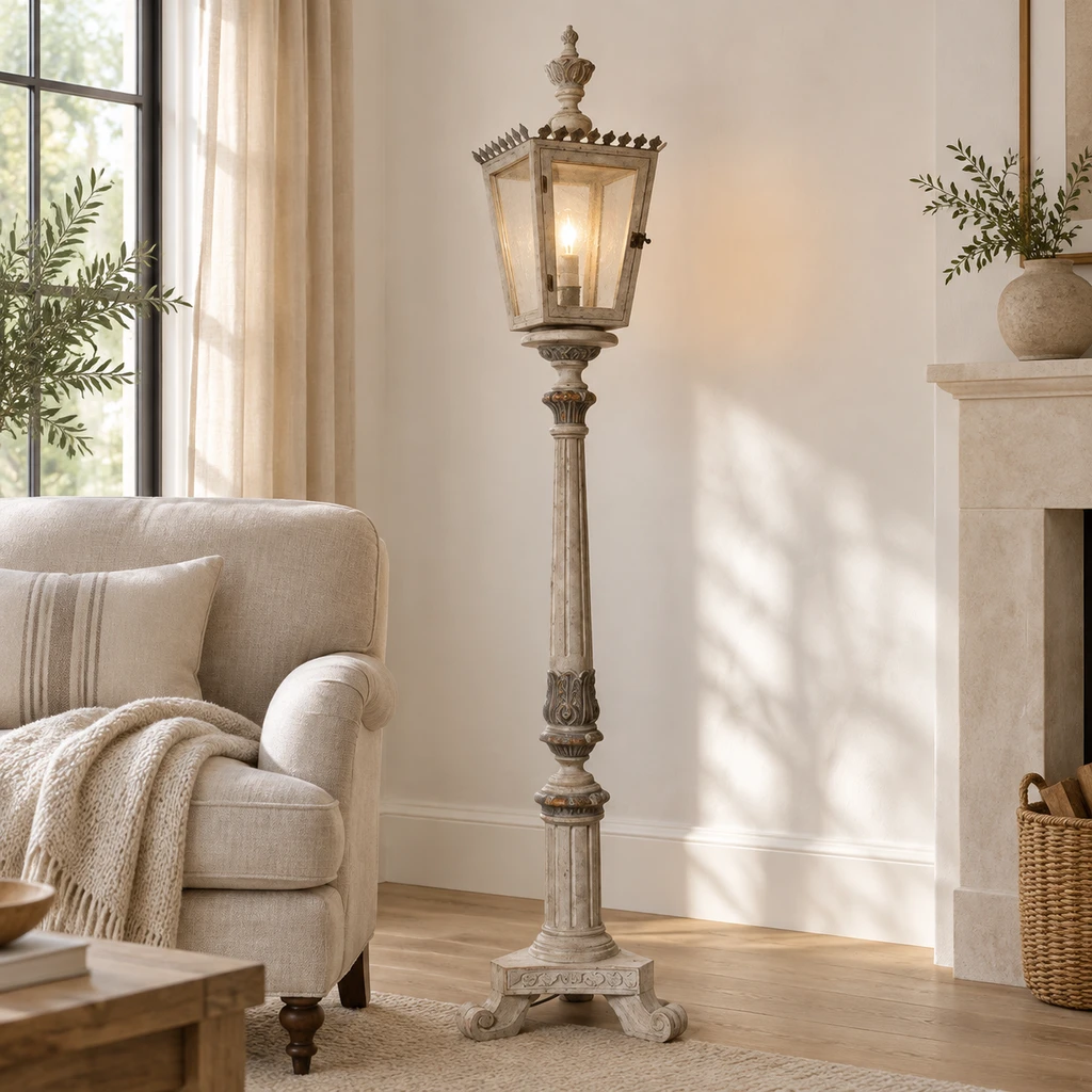 Lampadaire lanterne en bois sculpté Maison au-dessus d'une table à manger