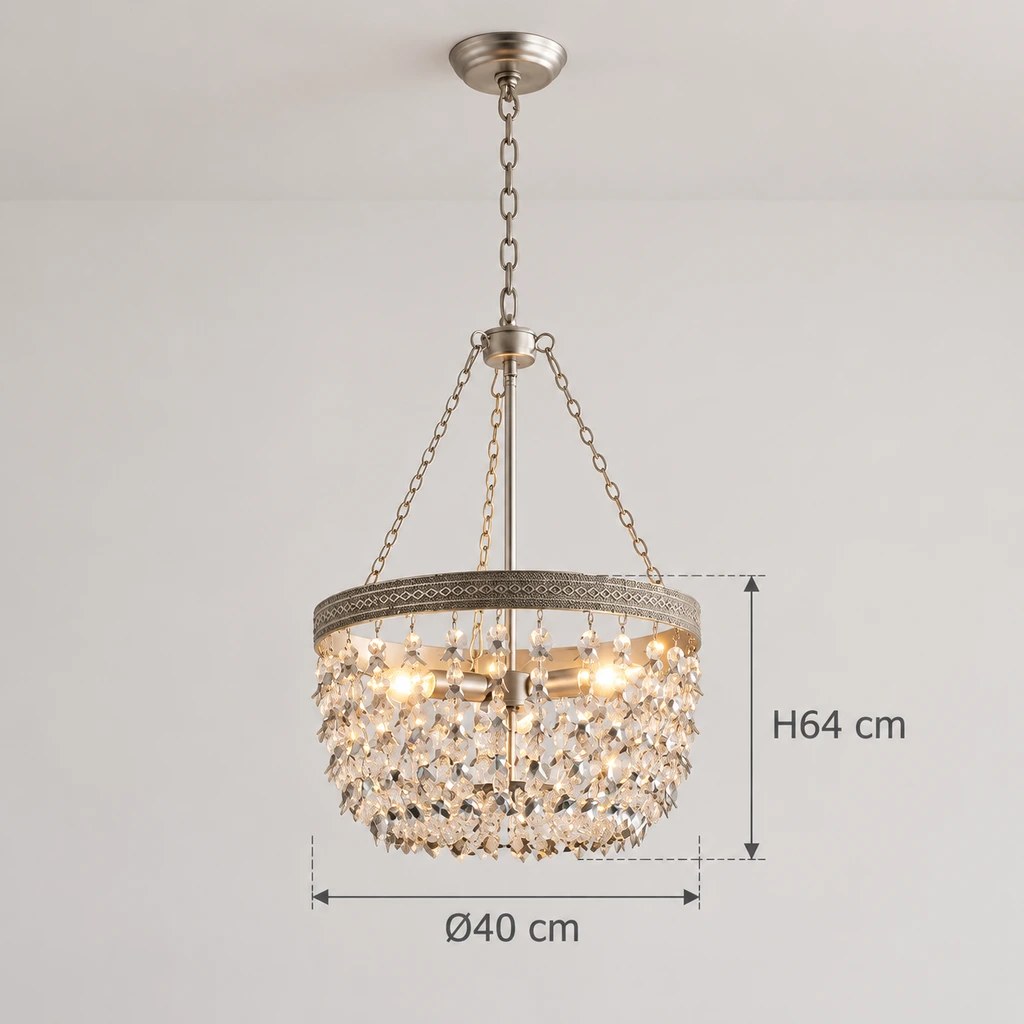 Dimensiones de la lámpara de araña de cristal plateado con forma de rama: 40 cm de diámetro y 64 cm de altura.