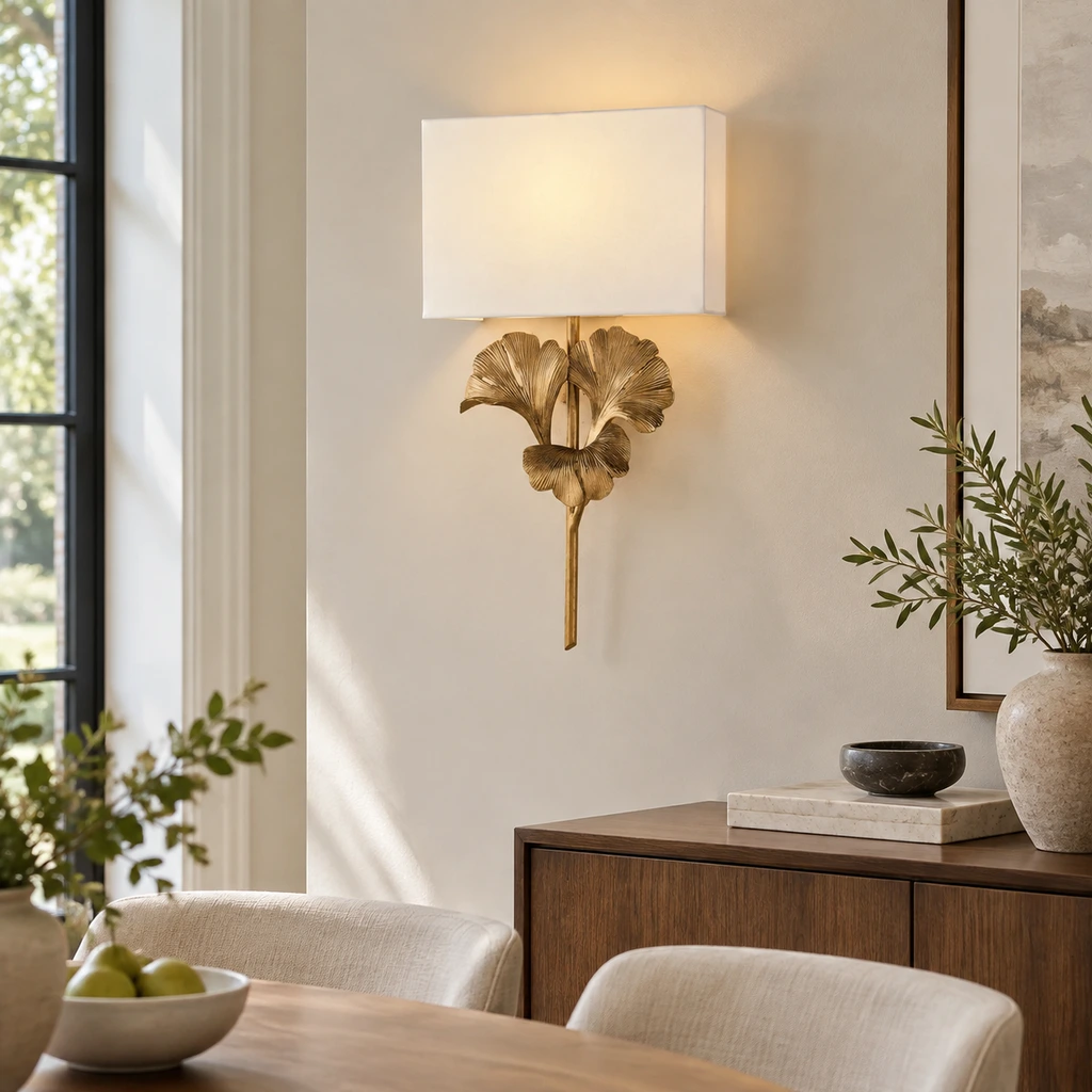 Aplique de pared con forma de hoja de ginkgo dorada instalado sobre una consola de comedor.