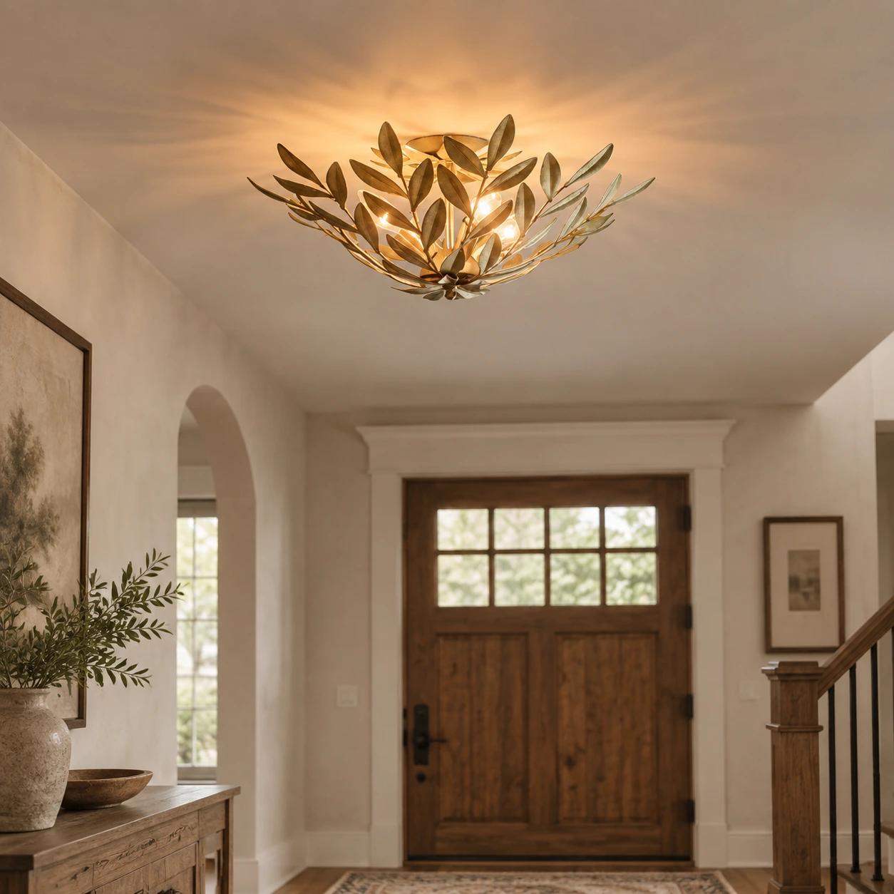 Plafonnier doré à feuilles dans une entrée architecturale