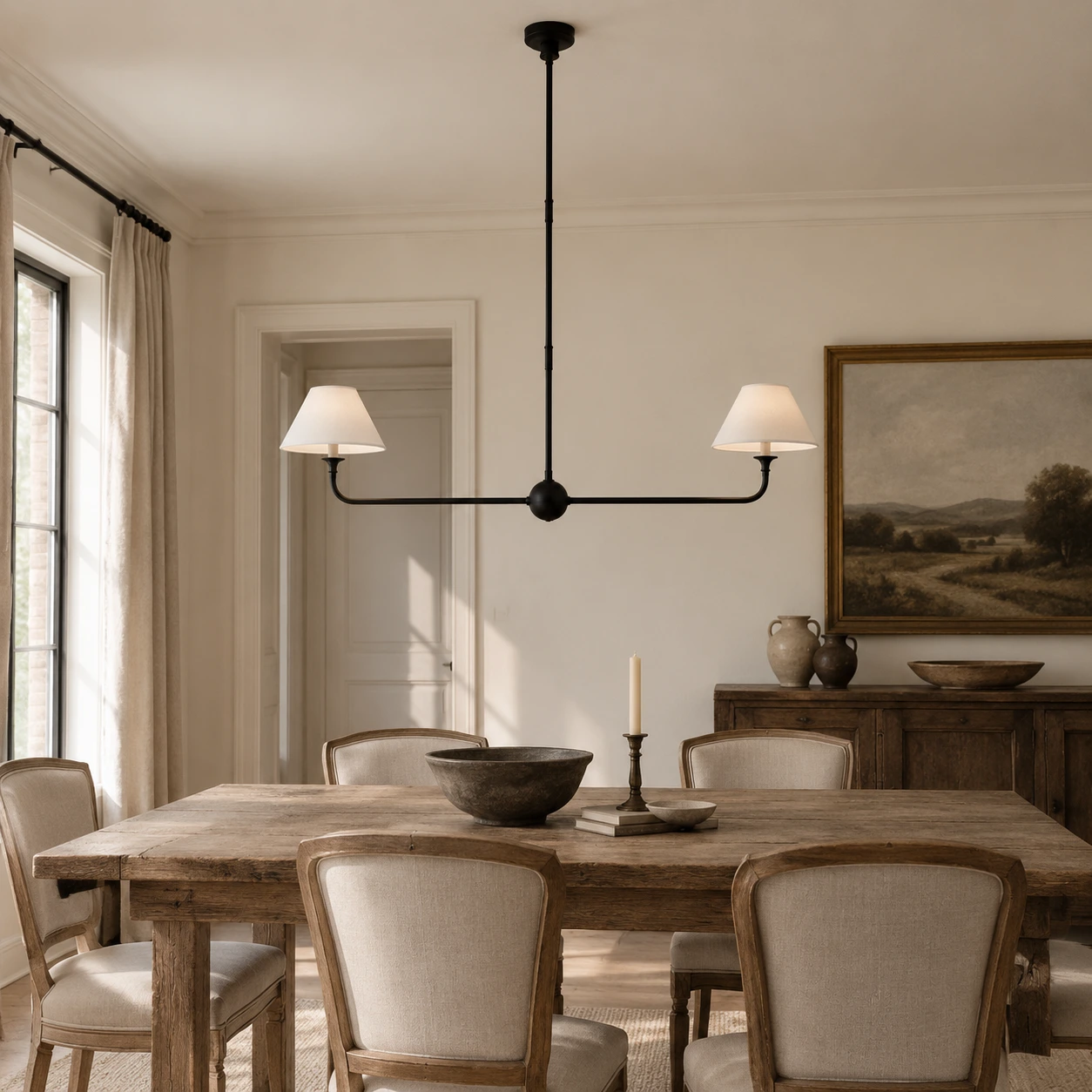 Black two-shade chandelier over a wood dining table