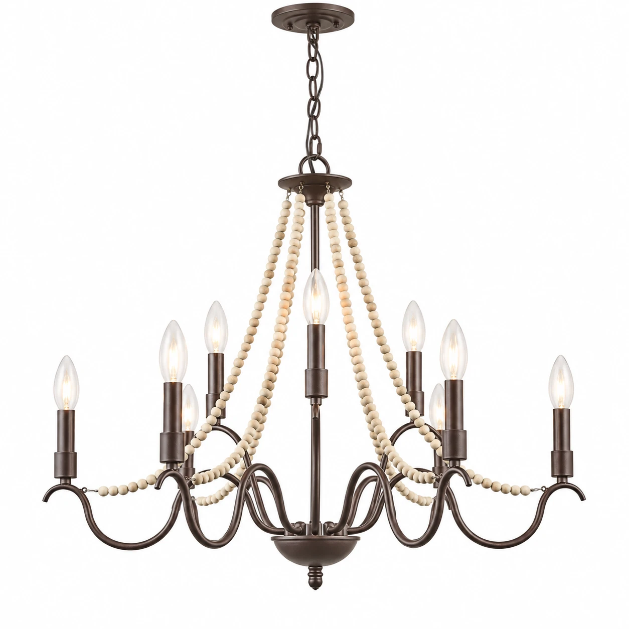 Lustre complet à neuf lumières en fer foncé et perles de bois sur fond blanc