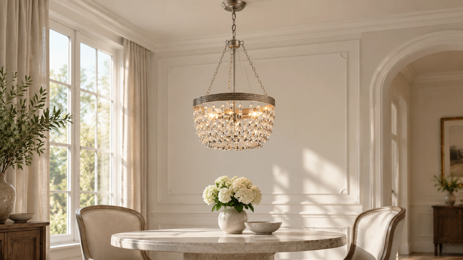Lámpara de araña de cristal plateado con forma de rama sobre una mesa de comedor en un interior luminoso.