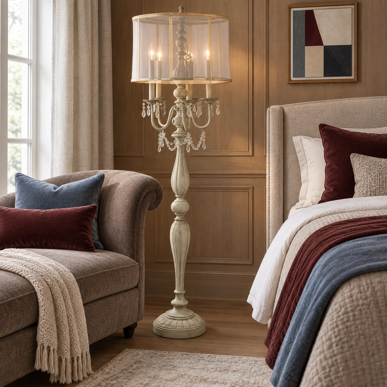Lampadaire en bois sculpté dans un salon de chambre à plusieurs niveaux