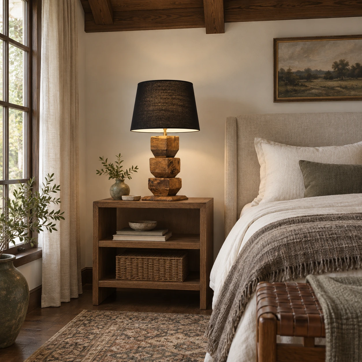 Lampe de table en bois massif sur une console de chambre