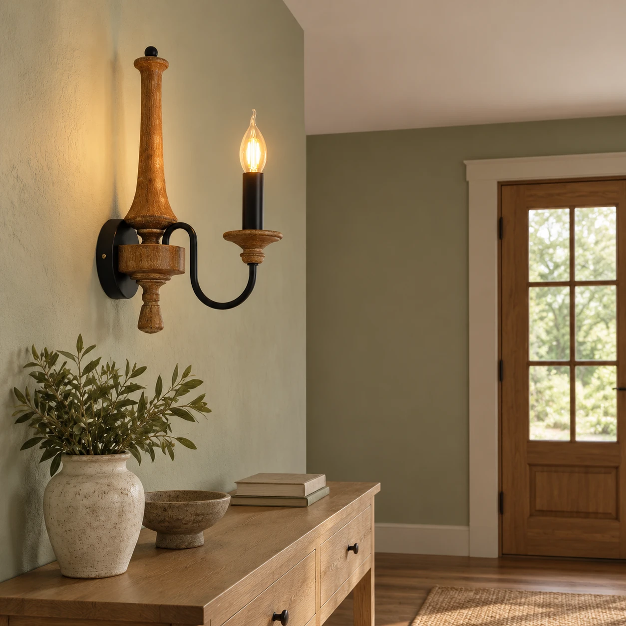 Aplique de pared de madera de una sola luz para velas, montado a ras de la pared de entrada orientada hacia la izquierda.