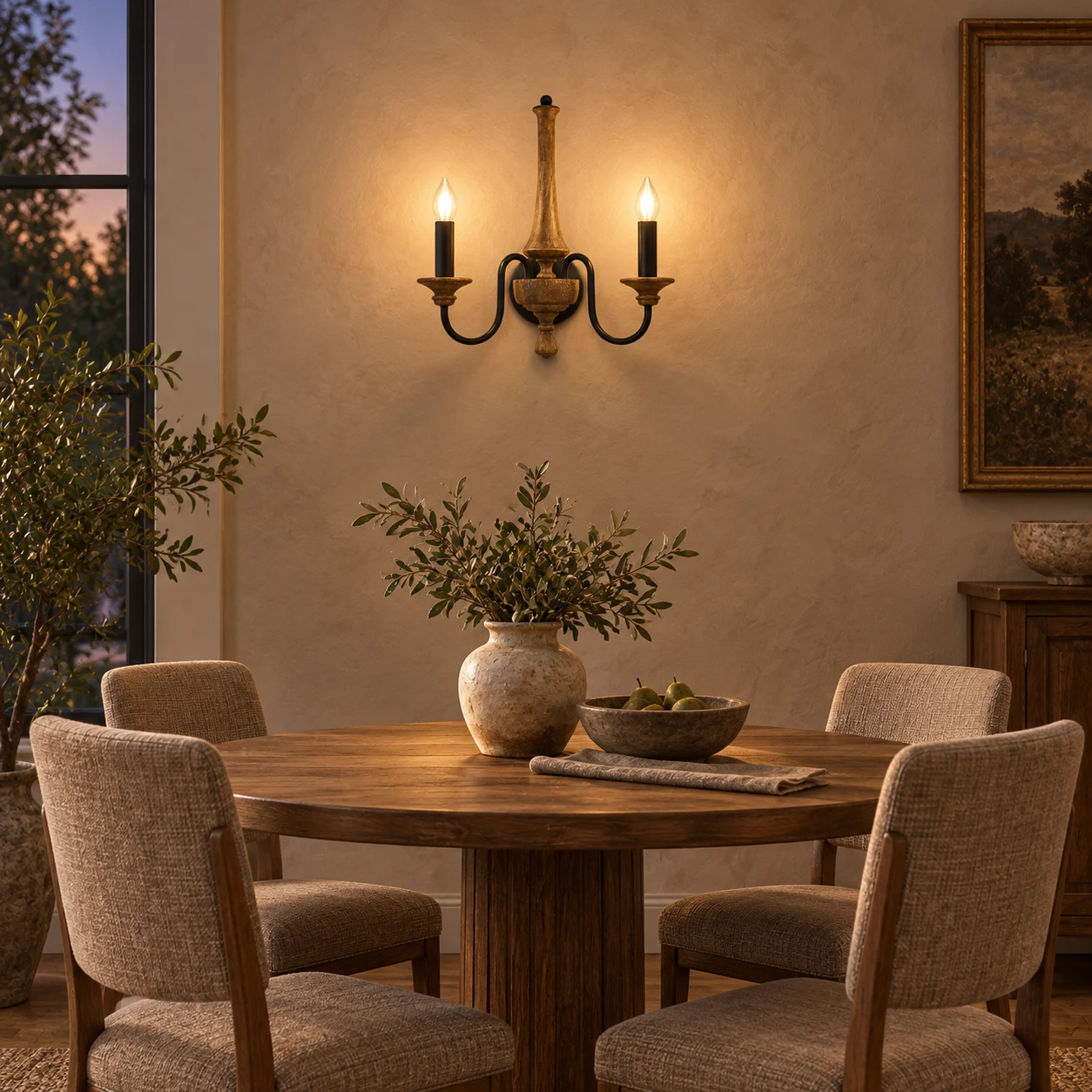 Aplique de pared de madera de dos luces para velas instalado sobre un rincón de comedor.