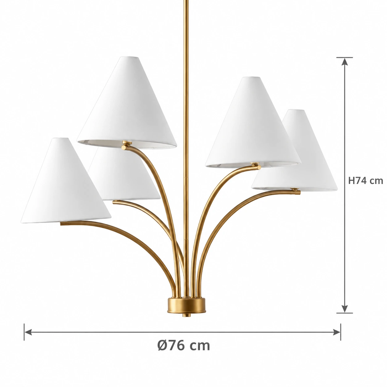 Dimensions du lustre en fer finition laiton chaud : diamètre 76 cm, hauteur de la structure 74 cm