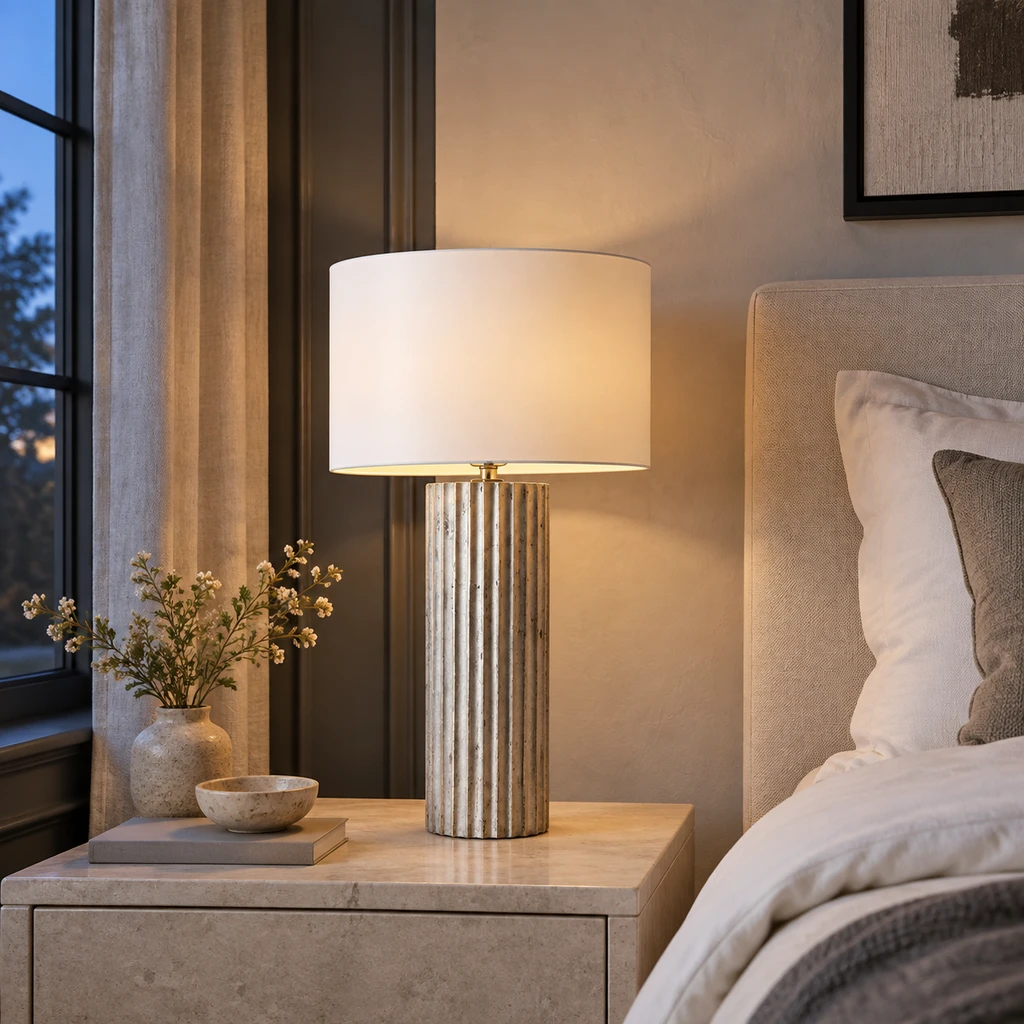 Lampe de table Linea allumée sur une table de chevet dans une chambre au crépuscule
