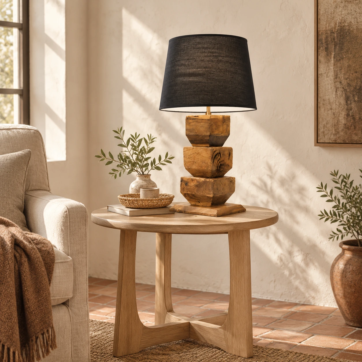 Lampe de table en bois massif sur une table d'appoint de salon