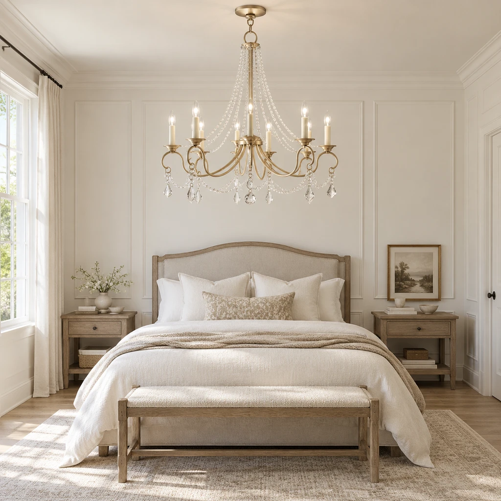 Lustre Marlow dans une chambre lambrissée blanche sans lampes de chevet