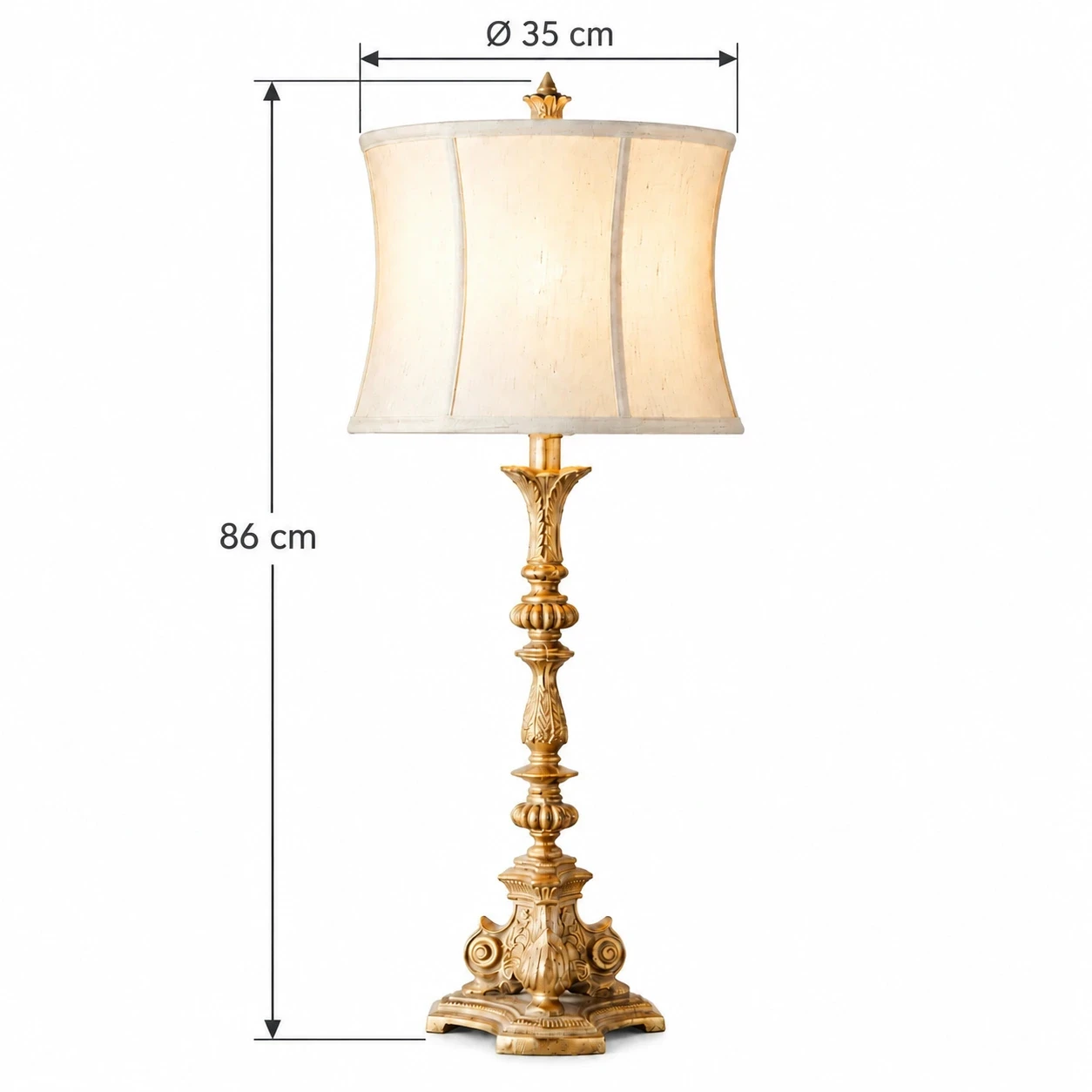 Hauteur totale de la lampe de table : 86 cm ; diamètre de l’abat-jour en tissu : 35 cm (flèches de mesure incluses).