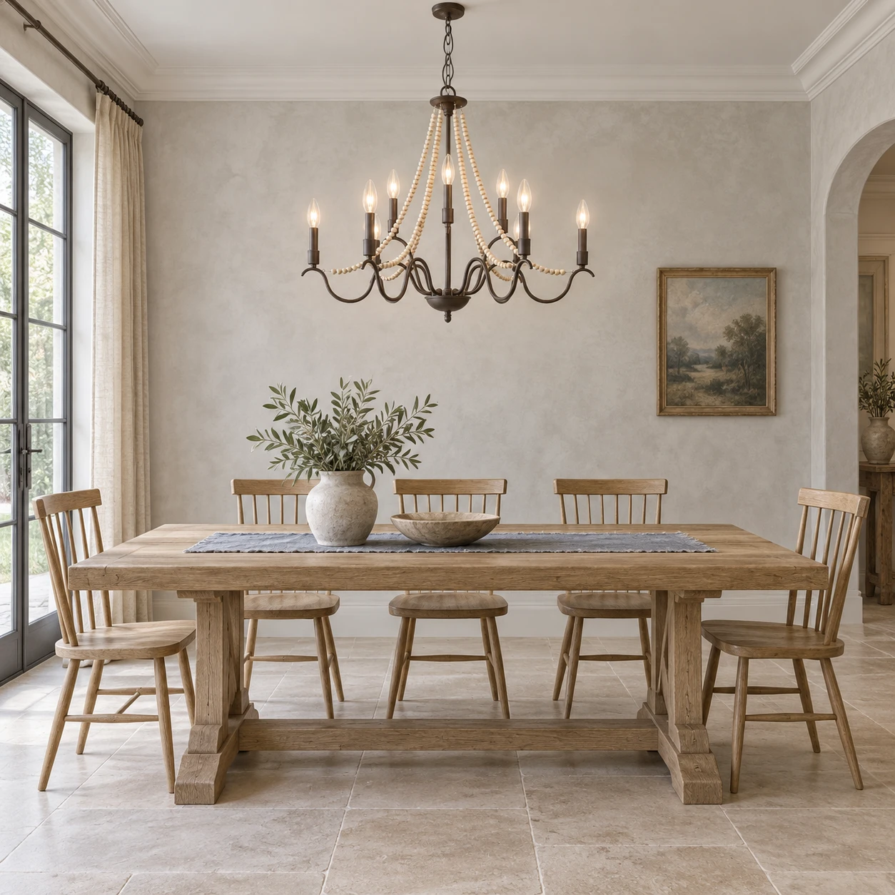 Lustre de salle à manger en perles de bois au-dessus d'une table en chêne clair