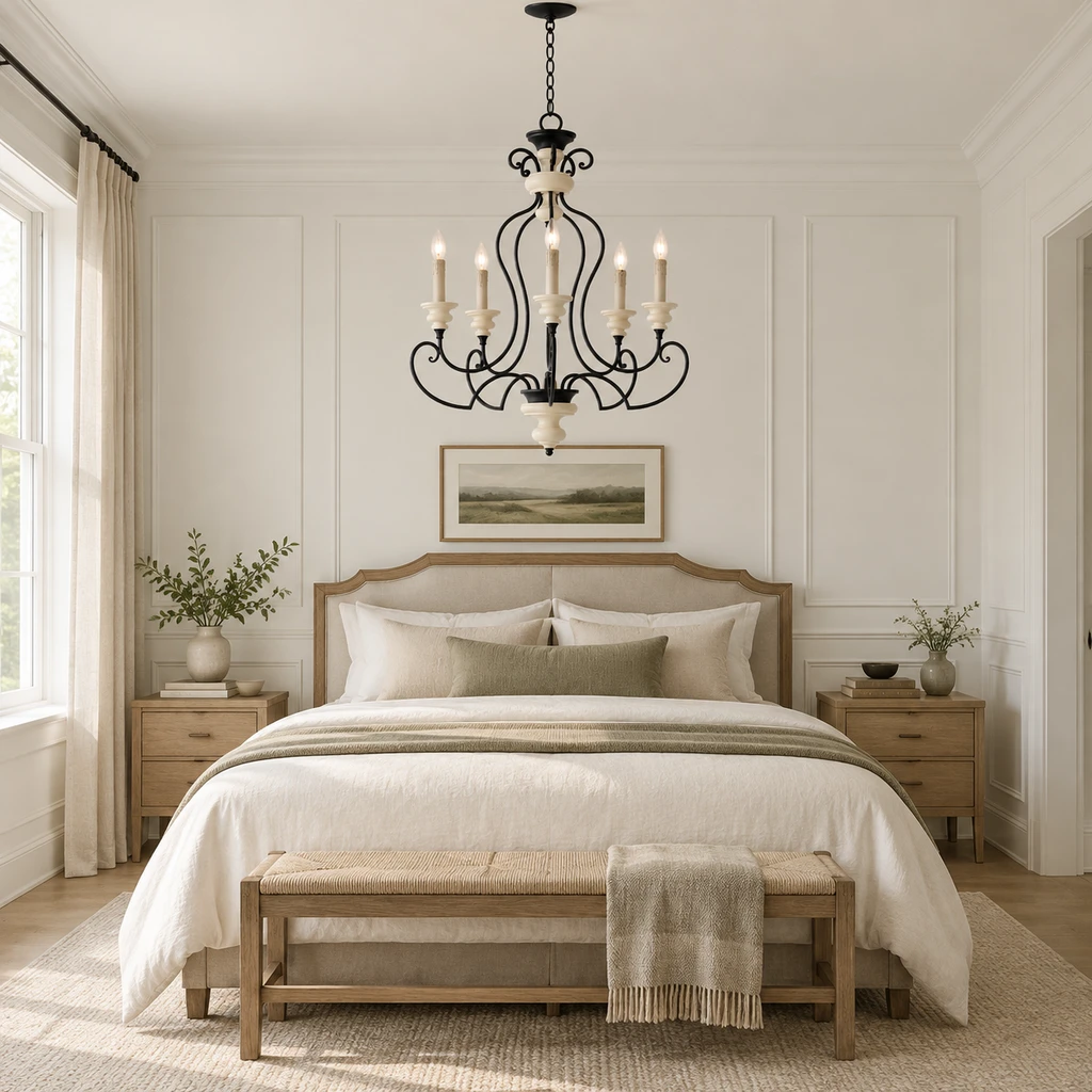 Lustre Aveline dans une chambre lambrissée blanche sans lampes de chevet