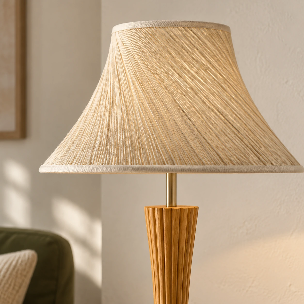 Gros plan sur le bord tissé de l'abat-jour de la lampe Elodie, sa garniture cousue et sa colonne supérieure en bois