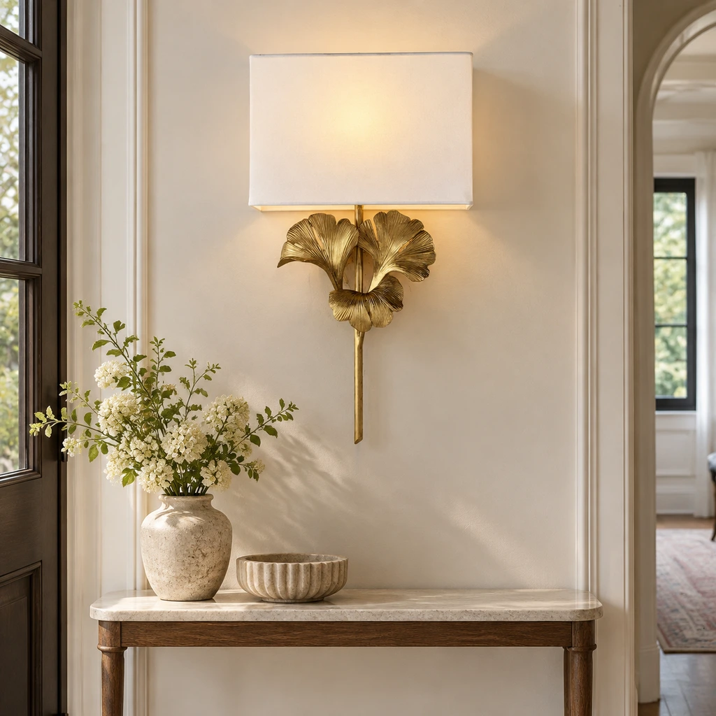 Aplique de pared con forma de hoja de ginkgo dorado instalado sobre una consola de entrada.