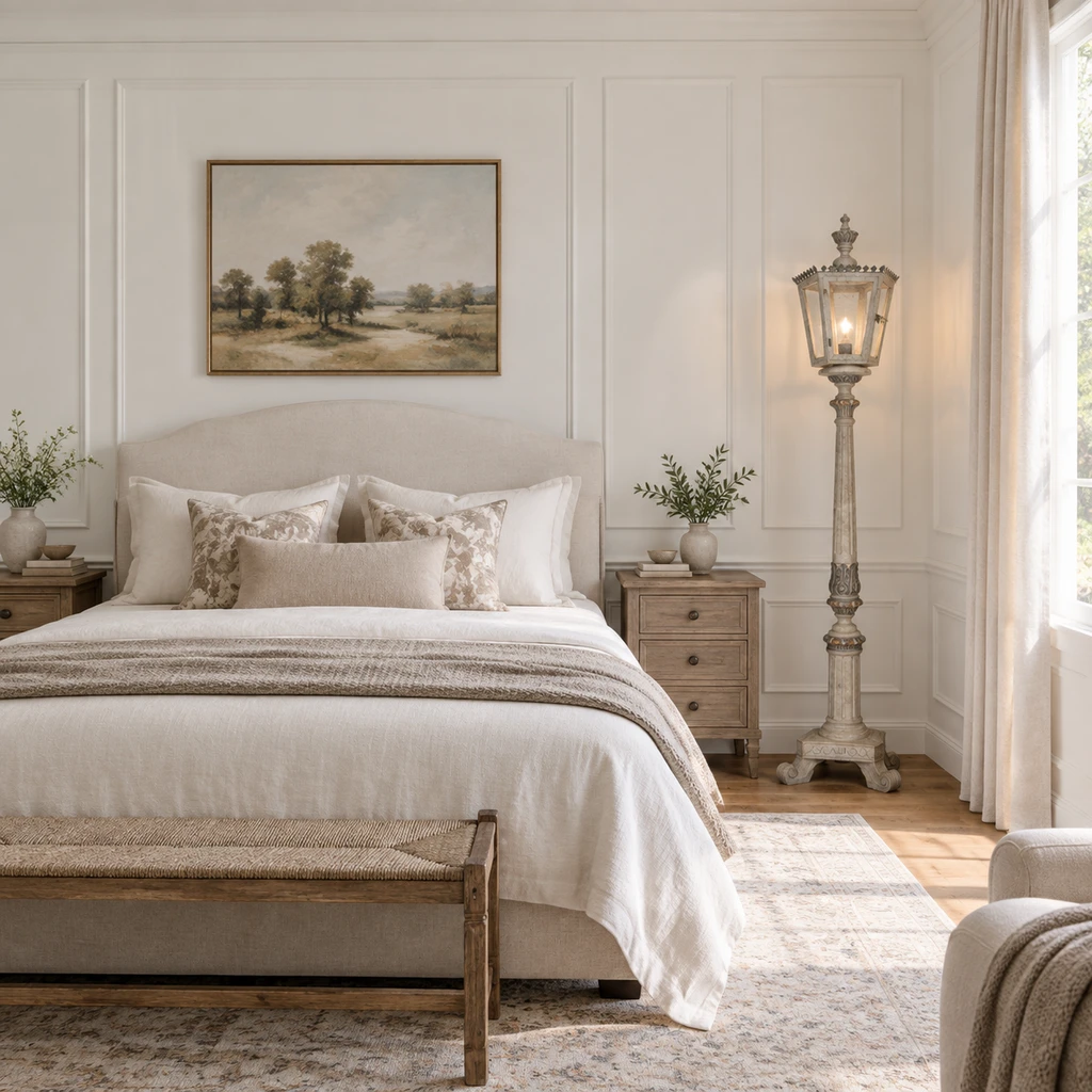 Lustre dans une chambre sans lampes de chevet