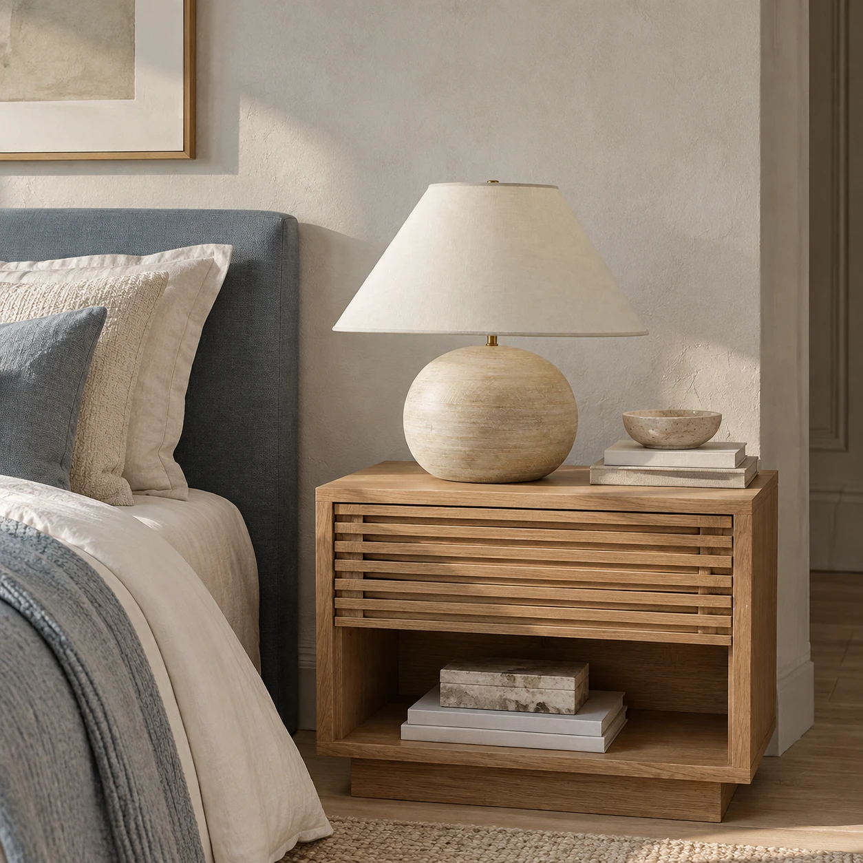 Mesita de noche del dormitorio con lámpara de mesa de madera envejecida