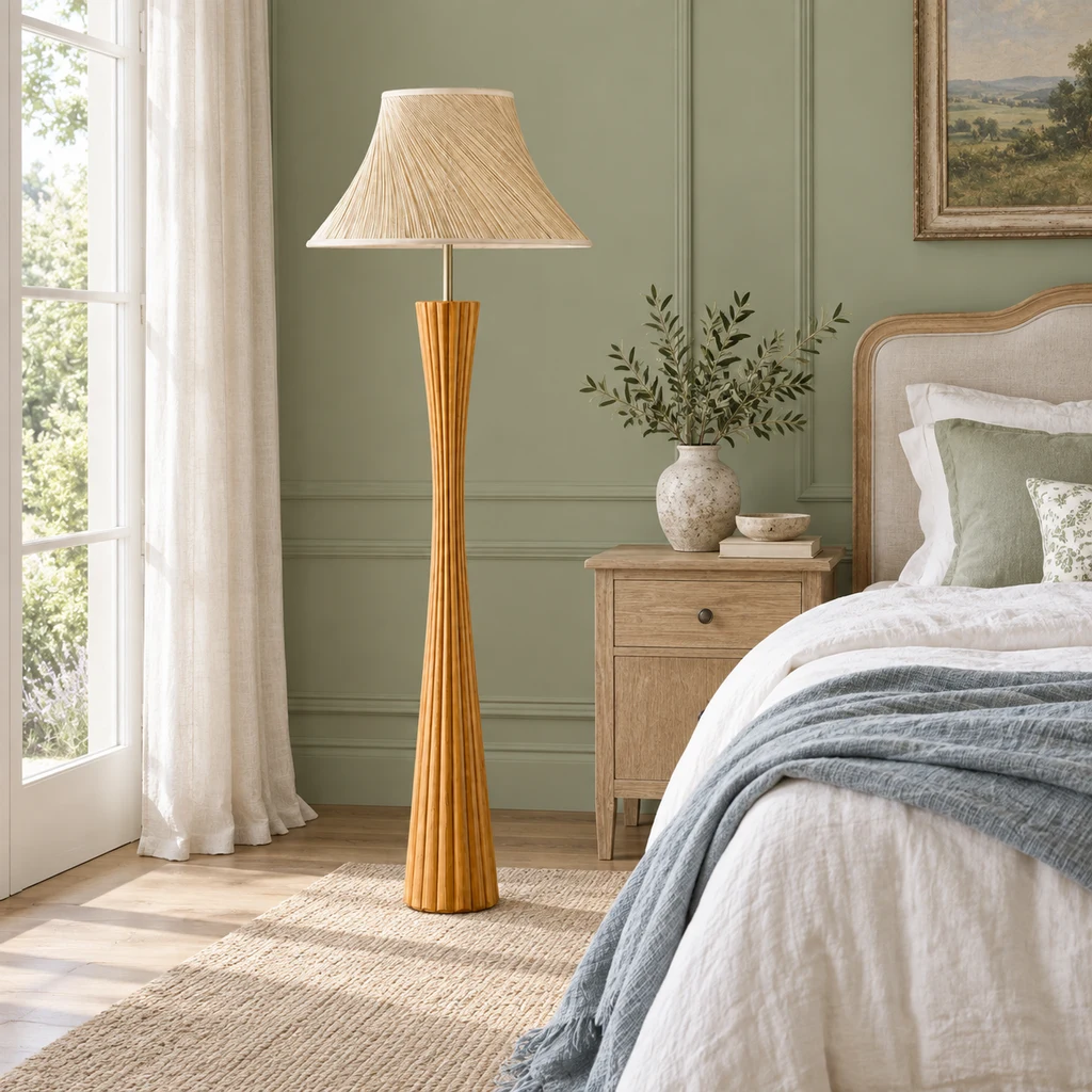 Lampadaire en bois Elodie dans une chambre de style campagne française vert sauge