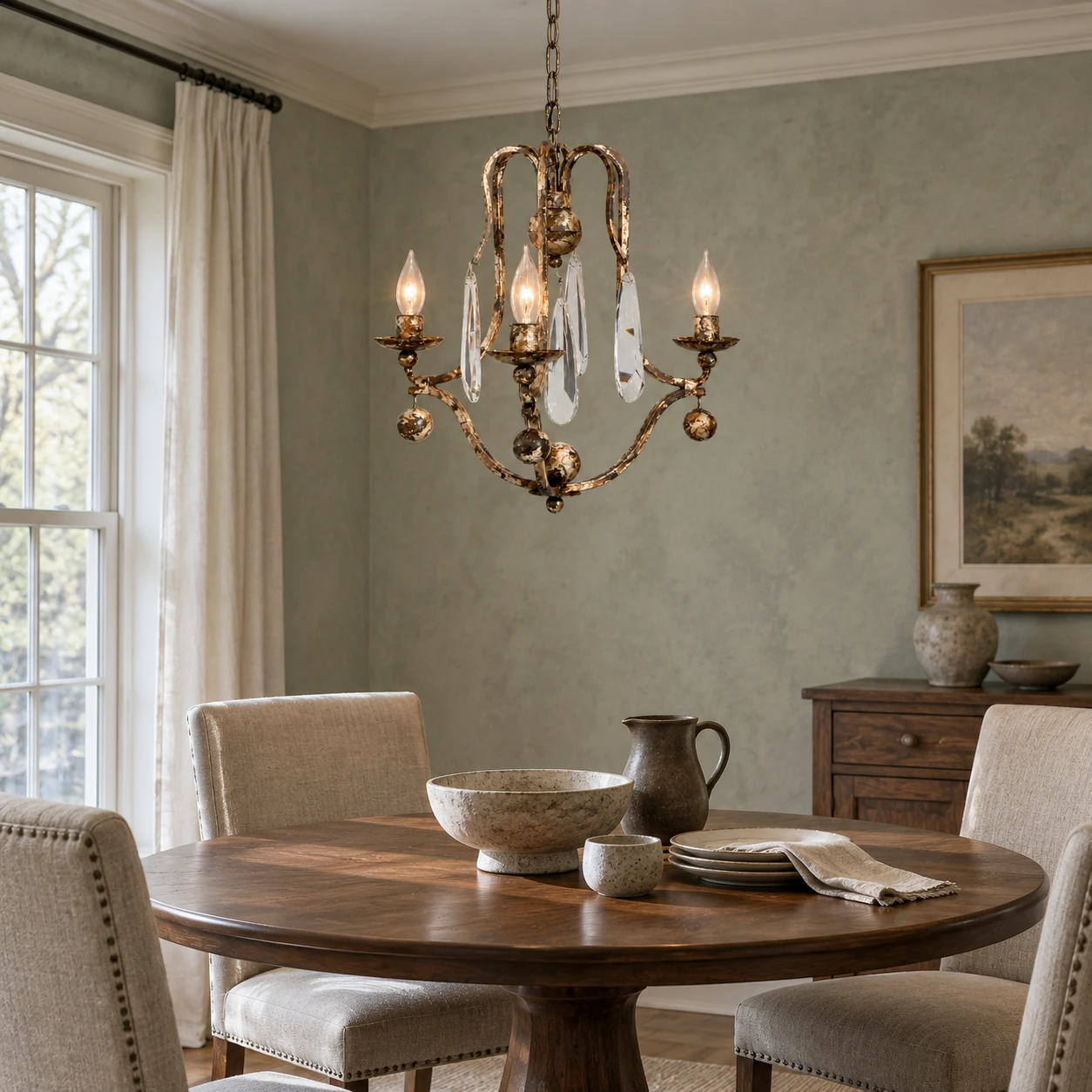 Lustre à trois lumières au-dessus d'une table à manger ronde dans une lumière naturelle minérale et fraîche