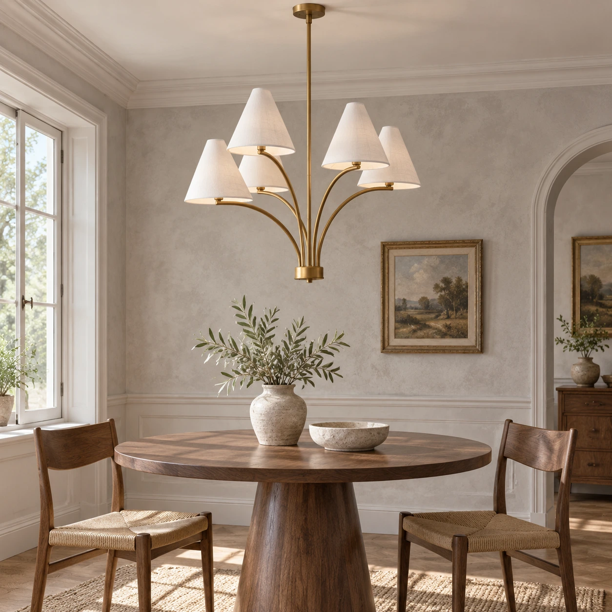 Lustre à branches en fer finition laiton chaud avec abat-jour en tissu, installé au-dessus d'une table à manger