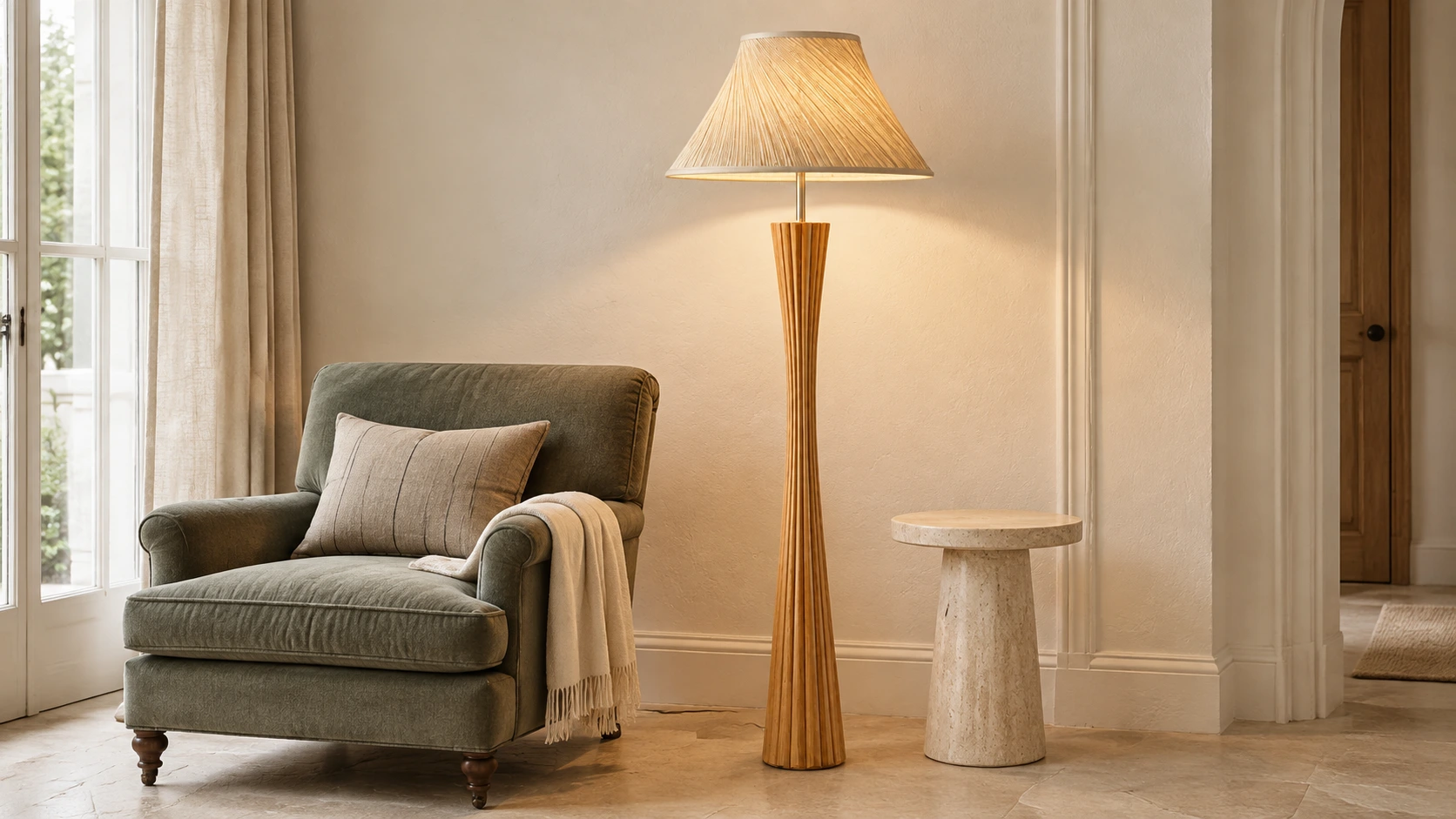 Dans un coin lecture paisible, typique de la campagne française, un lampadaire en bois sculpté, Elodie, est allumé près d'un fauteuil vert ardoise.