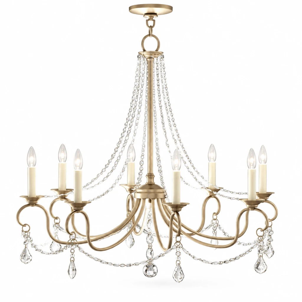 Lustre en fer forgé et perles de cristal Marlow sur fond blanc épuré