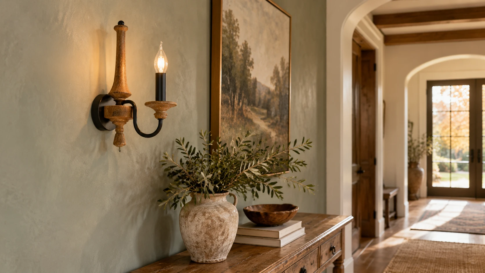 Aplique de pared de madera estilo americano vintage instalado en una pared de entrada texturizada.