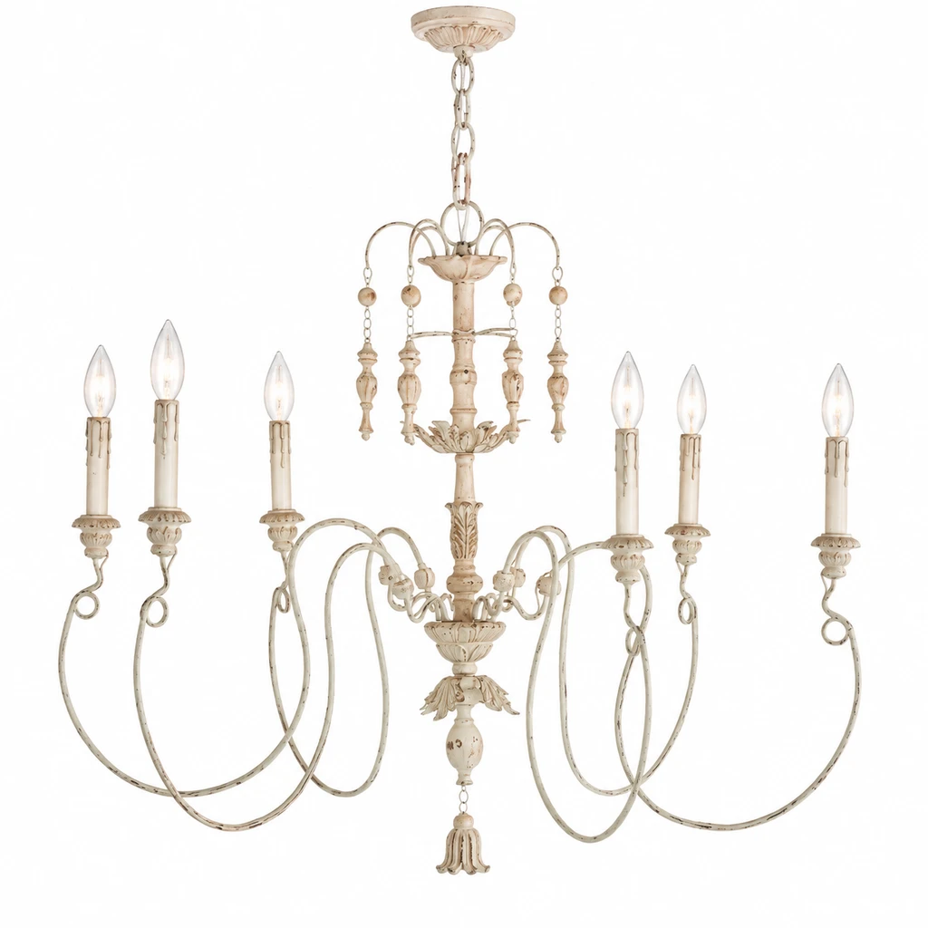 Grand lustre en bois sculpté sur fond blanc immaculé