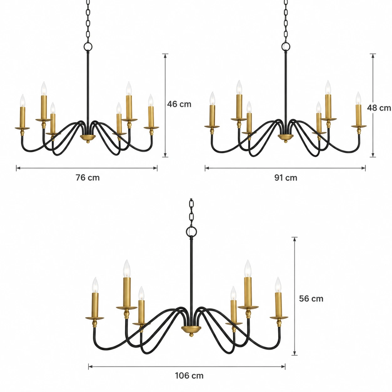 Dimensions du lustre Arden : diamètre de 76, 91 ou 106 cm avec hauteurs de fixation correspondantes.