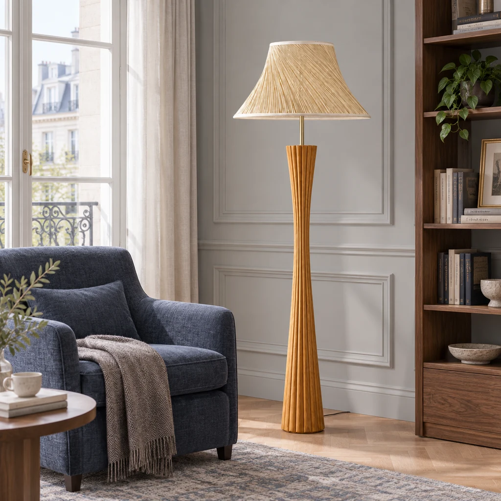 Lampadaire en bois Elodie à côté d'un fauteuil de lecture bleu ardoise dans une bibliothèque privée