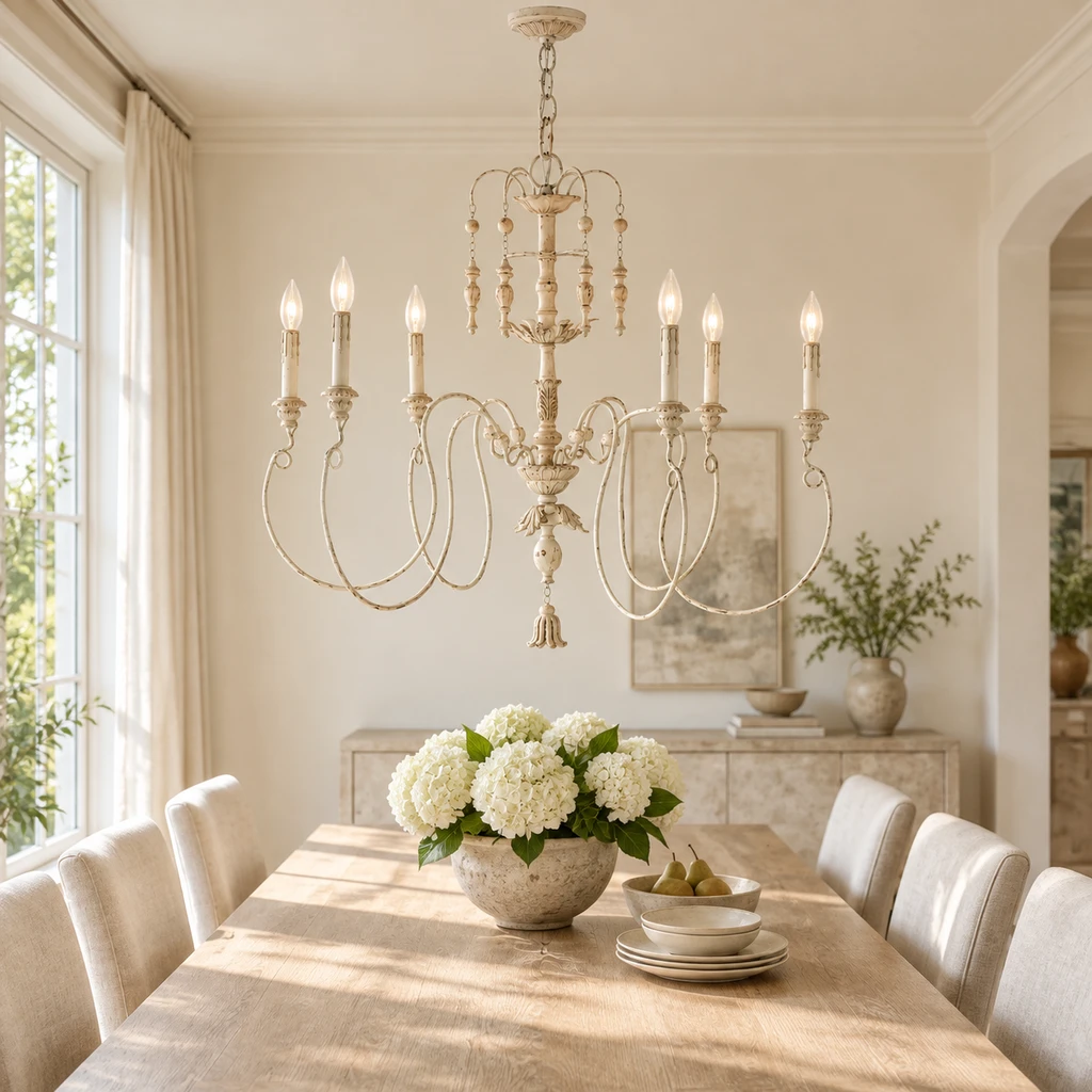Lustre en bois sculpté au-dessus d'une table à manger en chêne clair