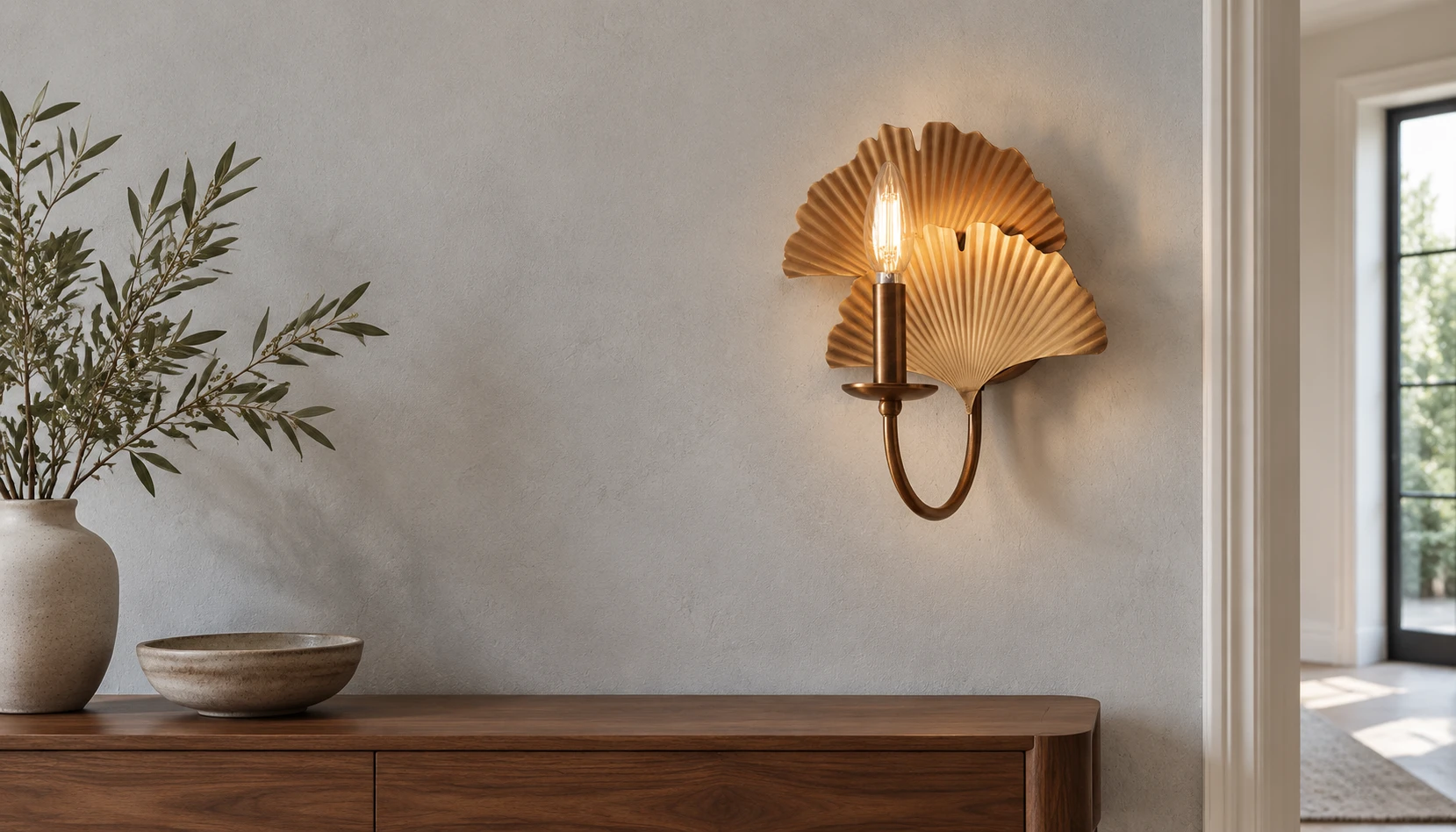 Applique murale vintage en cuivre de style ginkgo au-dessus d'une console en noyer dans une entrée lumineuse.
