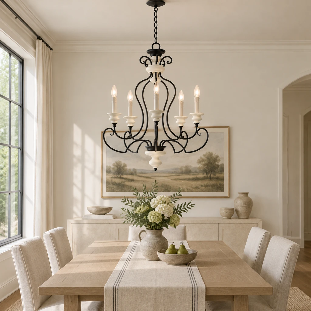 Lustre Aveline au-dessus d'une table à manger en chêne clair