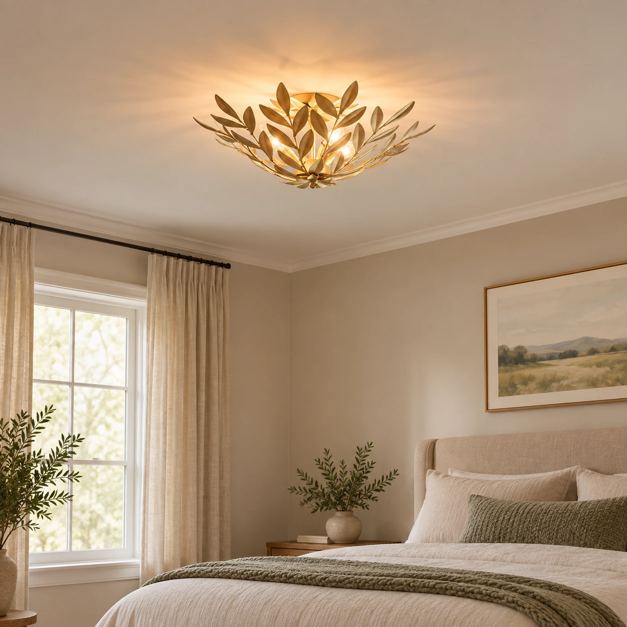 Plafonnier doré à feuilles au-dessus d'une chambre