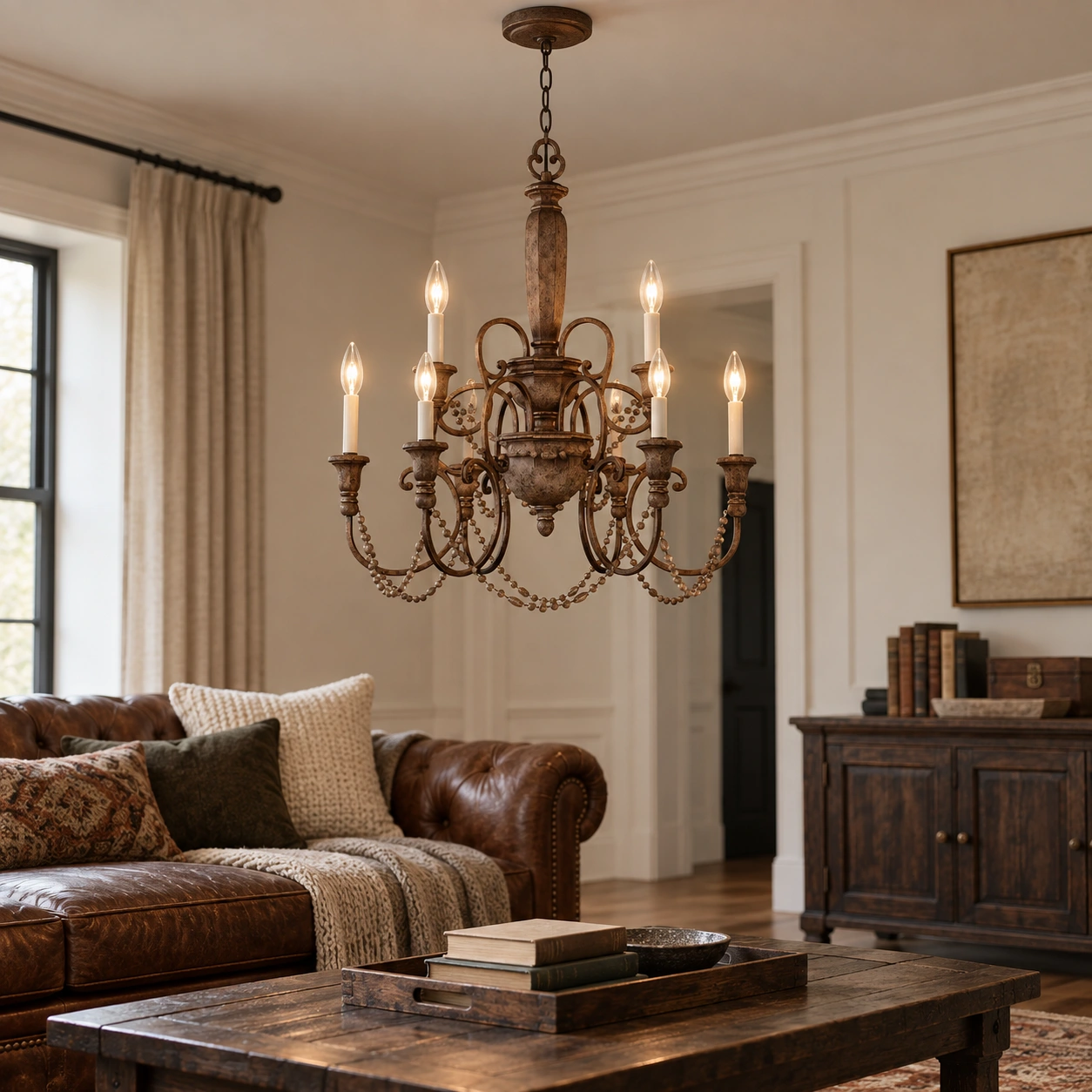 Lámpara colgante de madera Aurelia en una sala de estar de estilo vintage americano.