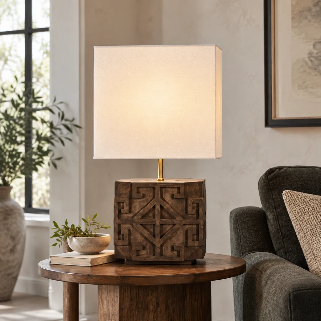 Lampe de table Aurelia sur une table d'appoint dans un salon boutique raffiné