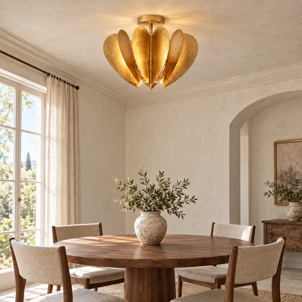 Plafonnier encastré vintage à la feuille d'or installé au-dessus d'une table à manger